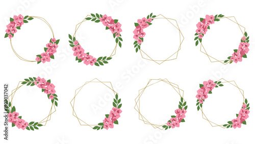 Collection of stylish gold geometric frames adorned with pink flowers and foliage for feminine branding and event decoration.