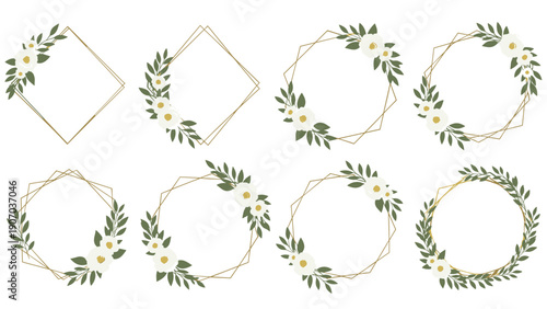 Elegant set of geometric gold frames decorated with white flowers and green leaves for wedding invitations and luxury stationery.