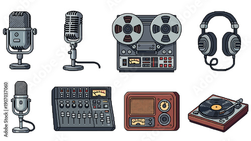 Retro audio equipment collection with vintage microphones and tape recorders