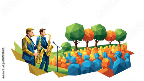 Geometric jazz concert in a park with colorful low poly audience and nature