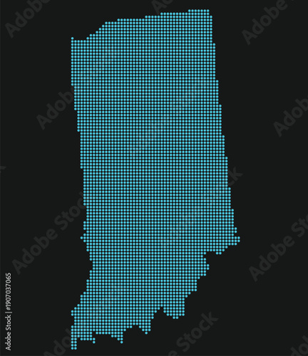 Indiana Light Blue Point Grid Map on Black for EV Battery Manufacturing and Stellantis Logistics. Indiana state dotted map.