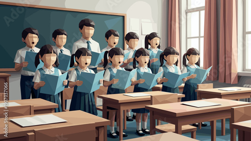 School choir singing in classroom with low polygon art style