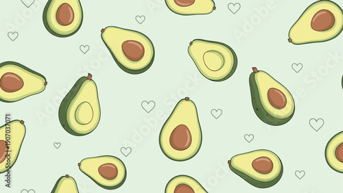 Fun seamless pattern with avocado halves and heart outlines on light green background for organic food and wellness concepts.