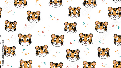 Playful seamless pattern with cute tiger faces and colorful abstract shapes on white background for children textile design.