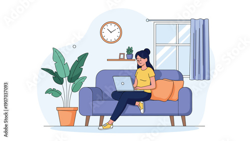 Young woman sitting on a comfortable sofa working on her laptop in a cozy living room home office environment illustration.