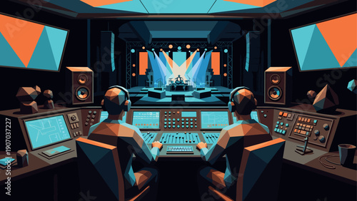 Vibrant geometric music studio with sound engineers in action