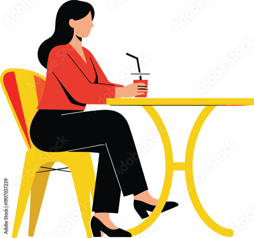 Young woman sitting at yellow outdoor cafe table holding cold drink with straw, relaxing during break in casual summer outfit illustration