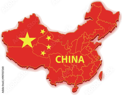 Detailed three dimensional map of China featuring the red national flag with yellow stars and soft outer glow vector.