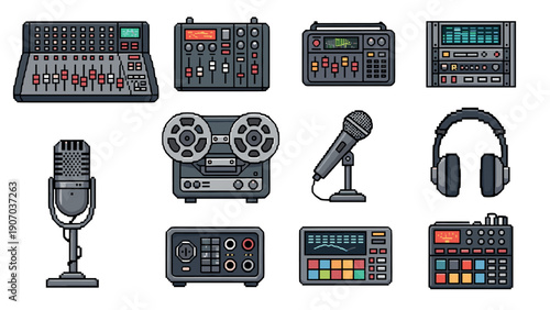Retro audio equipment set: vintage mixers, microphones, and headphones in pixel art style
