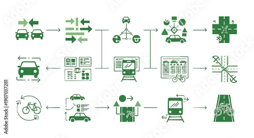 Smart City Transportation Flowchart. Vector Icons for Urban Mobility, Traffic Management, and Multimodal Transit Solutions.