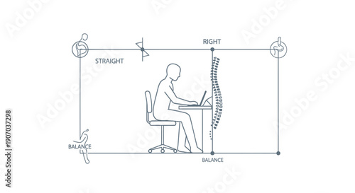 Vector illustration of ergonomic workspace setup with guidelines for chair and monitor height, for office design or workplace wellness