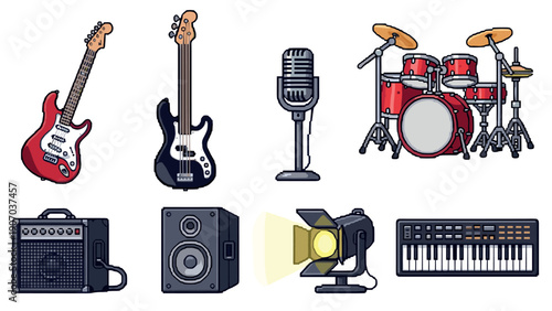 Pixel art musical instruments and equipment collection with guitars and drums