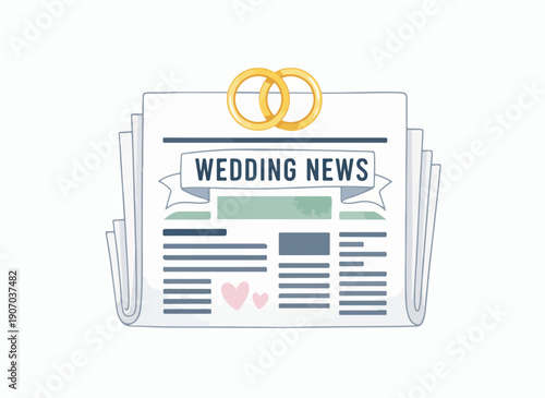 Wedding news headline illustration with rings newspaper paper and hearts for concept of ceremony celebration announcement and event