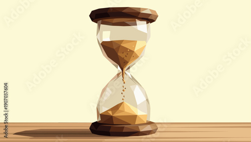 Low poly hourglass with flowing sand on wooden surface in geometric style