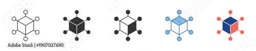 Versatile icon set featuring interconnected cubes and nodes, abstractly representing distributed network systems, blockchain technology, and advanced data communication architecture in various styles