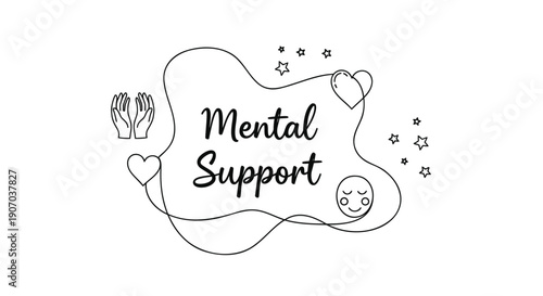Mental health support line icon, hand-drawn doodle illustration with heart, smiley face and flowers, for website or social media overlay, Isolated on transparent background, png