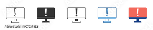 Collection of diverse computer monitor icons displaying an important error or warning notification symbol on the screen, indicating a system problem or alert message