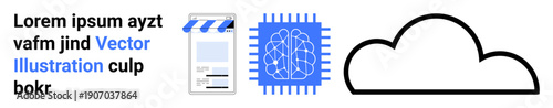 Artificial intelligence, cloud computing, digital storage, data security, technology services, neural networks. Microchip with brain icon, cloud text box. Artificial intelligence and cloud computing