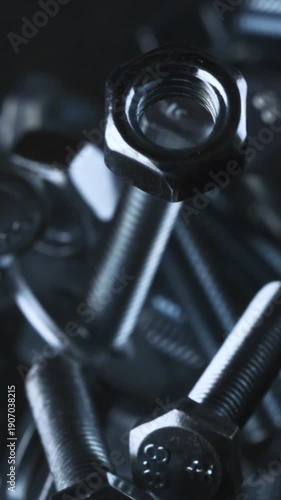 Vertical Macro Shot of Metal Nuts and Bolts Falling Together, Industrial Texture, Strength and Mechanical Concept