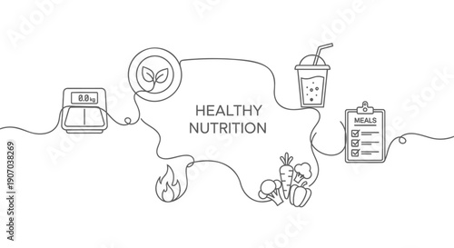 Vector line art illustration of healthy nutrition concept with food icons and checklist, for banner or poster or website