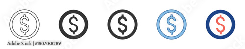 Collection of contemporary dollar coin icons in various styles, symbolizing financial transactions, currency, and economic value for web design and business applications