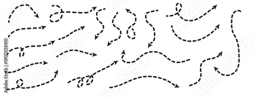 Curved dotted arrow. curved hand drawn arrows. Sketch dashed arrows design. signpost showing a confusing complex path. Dashed arrows.