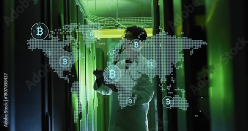 Animation of interface with world map and green processing data