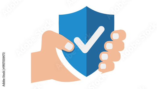Hands holding a blue shield with a check mark symbolizing protection and security measures for safe online transactions and data protection