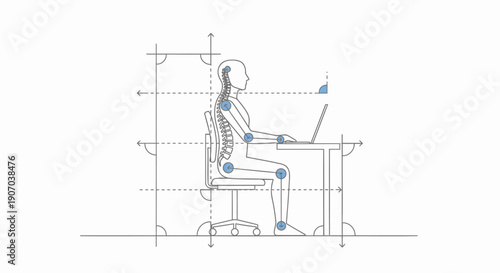 Ergonomic workspace setup with human skeleton model on office chair and laptop, for presentation or website, vector illustration Isolated on transparent background, png