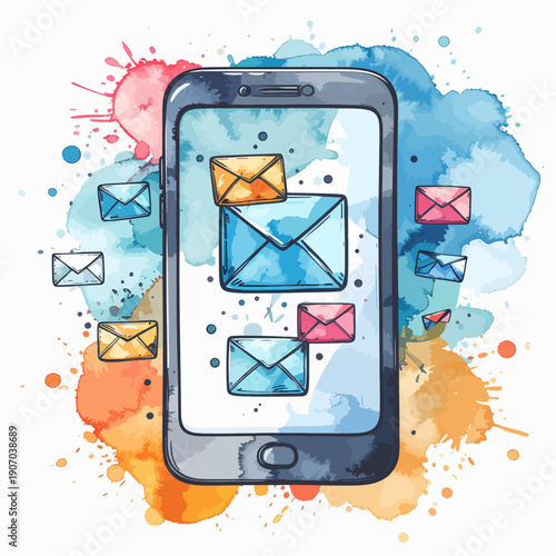 Smartphone with email symbols in watercolor style for digital communication technology and internet messaging