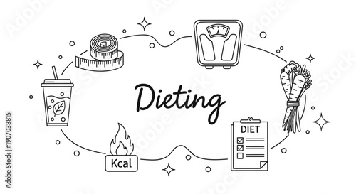 Dieting concept illustration with food, scale, and nutrition plan icons, for health or wellness website or banner