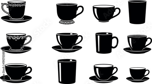 Set of twelve decorative and plain coffee cup and mug silhouettes isolated on white background for restaurant branding and menu