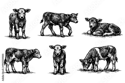 Detailed farm animal drawings: baby cows in vintage engraving style