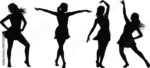 Four female dancers in silhouette performing various dynamic poses on a white background Keywords: dancer, silhouette, female