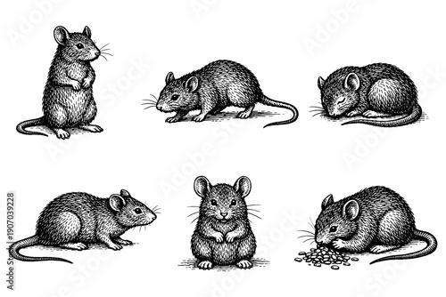 Intricate hand drawings of mice in various poses on white background