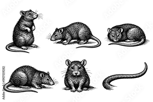 Detailed hand drawn rats collection: vintage style rodents and tails