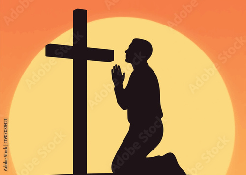 Silhouette of a Man Praying at the Cross Illustrator Artwork Creative Design Template 