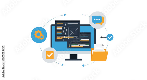 Digital workflow and software development process illustration with computer, code, settings, communication, and data management icons.
