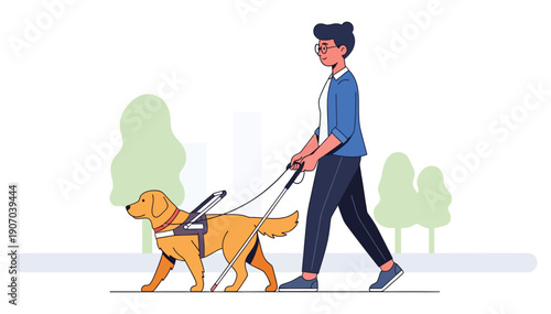 Blind man walking with his guide dog in a serene outdoor environment with trees in the background together