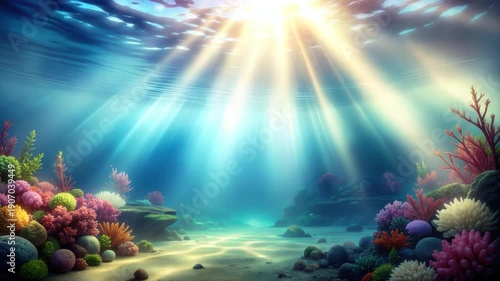 Sunlight streams through ocean water, illuminating coral reef and sand