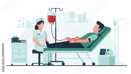 Patient receiving medical treatment with a nurse standing by in a modern hospital setting with equipment nearby