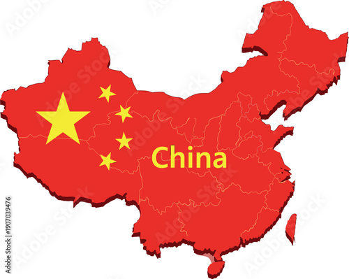 Detailed three dimensional map of China featuring the red national flag with yellow stars isolated on white background vector.