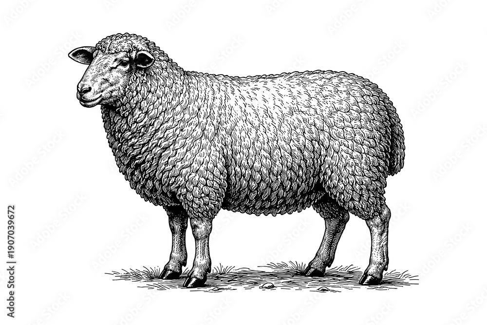 Fototapeta premium Detailed black and white engraving of a woolly sheep on grass