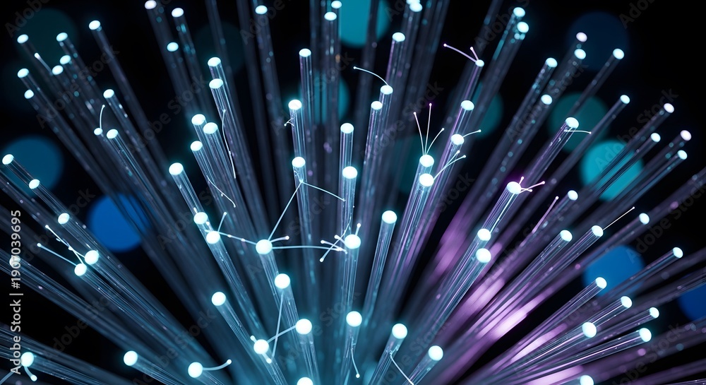 Fototapeta premium Close-up of illuminated fiber optic cables with glowing blue and purple ends