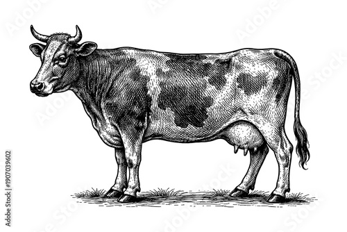 Vintage black and white cow on white background in detailed engraving style