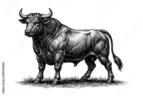 Detailed ink drawing of a majestic bull with ornate line art on white background