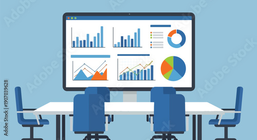 Business analytics meeting data charts on computer screen teamwork.