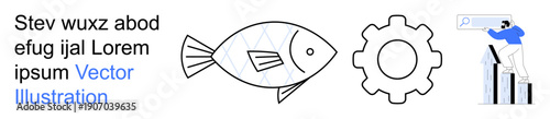 Business growth, technology, progress tracking, data analysis, creativity, innovation. Fish, gear icon and character analyzing chart. Business growth and technology concept