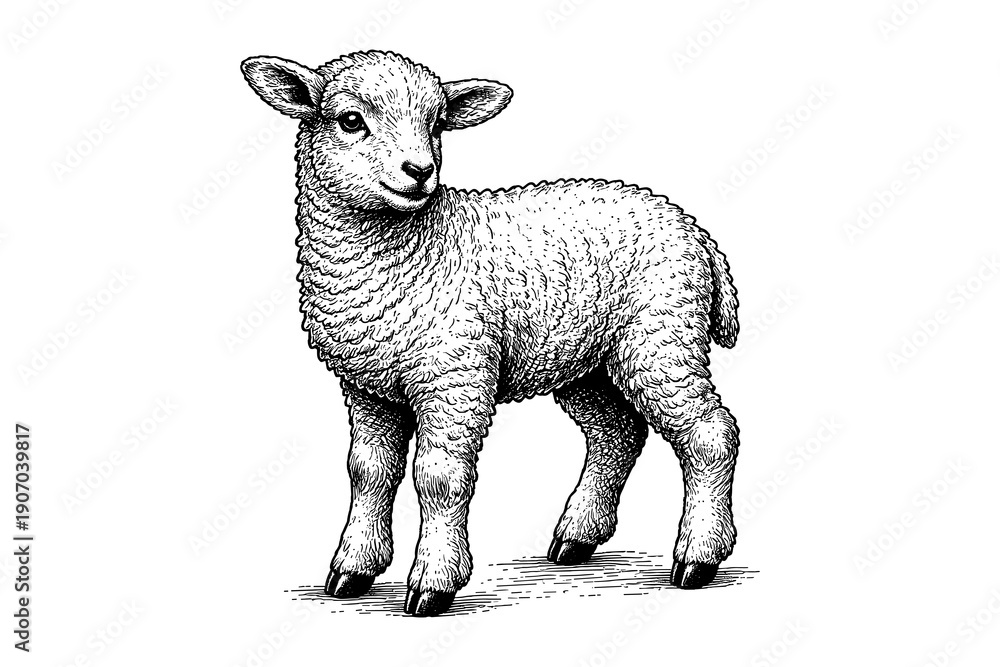Fototapeta premium Detailed engraving of a standing lamb with textured wool