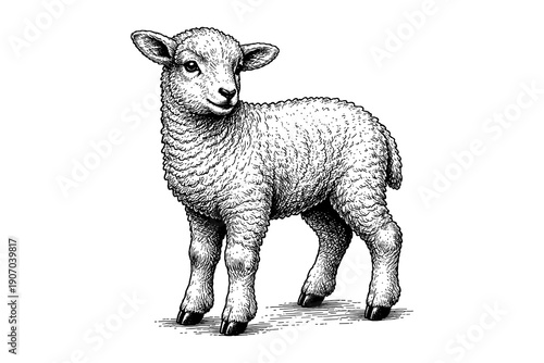 Detailed engraving of a standing lamb with textured wool